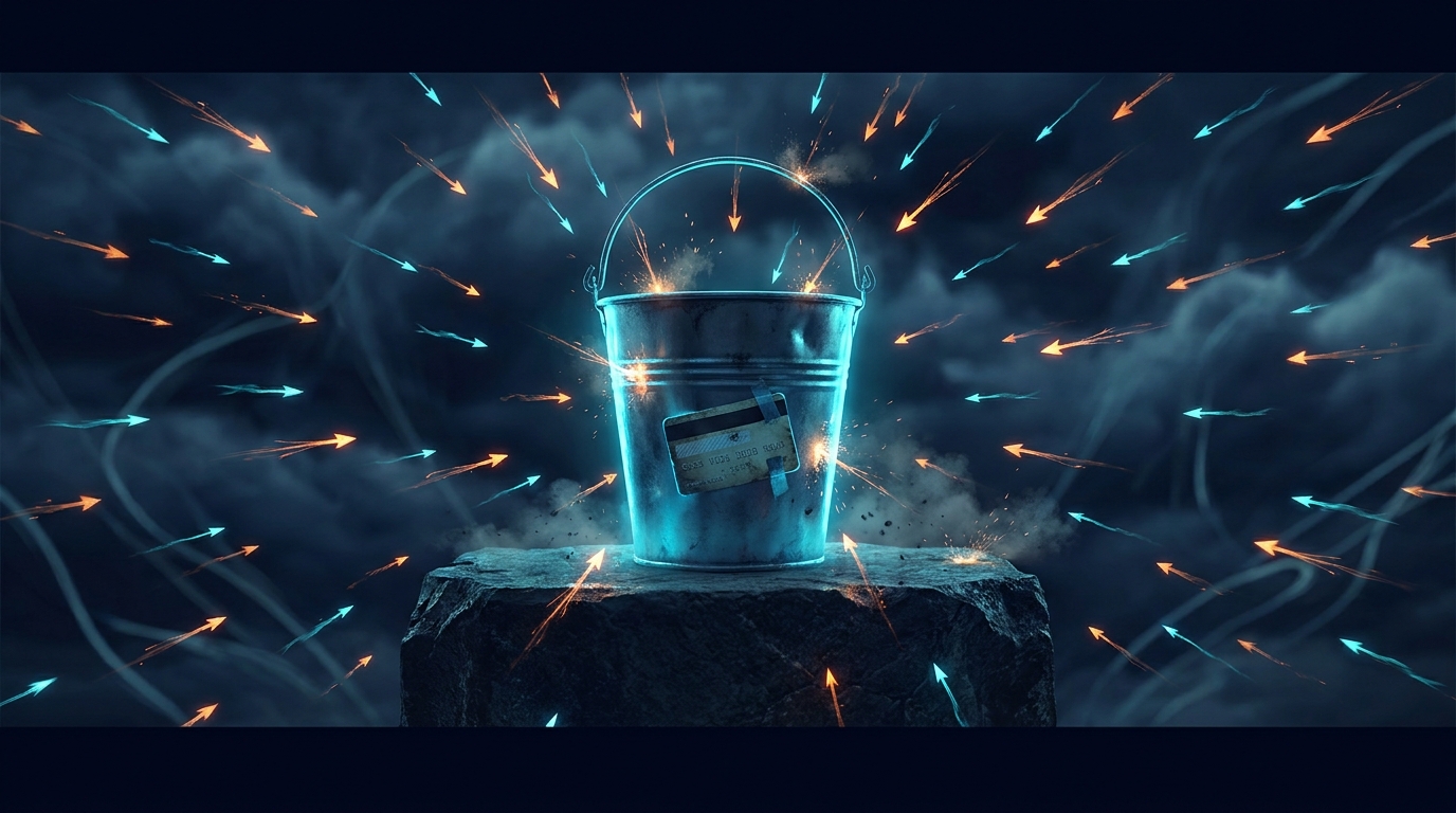 Illustration: empty bucket with credit card swarmed by request arrows